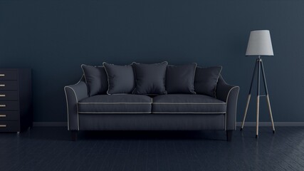 Home interior, luxury modern dark living room interior, black empty wall mock up, 3d render