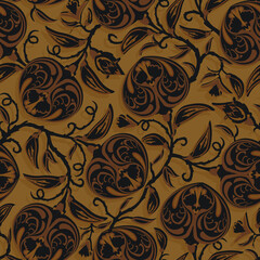 Seamless vintage vector pattern with baroque brown flowers. Floral traditional background with stylized decorative branches
