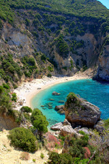 Obraz premium Best beach as seen from a higher angle with crystal clear azure water and empty beache in Corfu (Corfu, Greece, Europe)