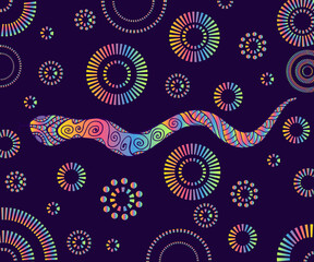 Vivid colorful snake, neon gradient color, isolated on dark purple background with patterns.