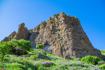 Tsaghkavank temple on Mount Ara. Church in nature. Beautiful architecture of churches. Armenian...