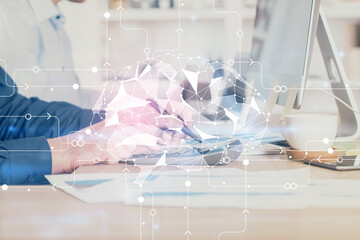 Businessman with computer background with brain theme hologram. Concept of brainstorm. Multi exposure.