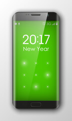Smartphone with 'Happy New Year 2017' on clock. Phone sms on the screen