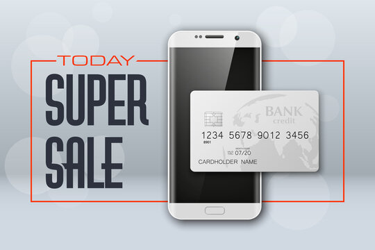 Smartphone sale banner & credit card. Advertising promo poster phone bank card icon. Communicator PDA Electronic money funds transfer. Plastic card software. Update banking icon. Debit card with chip