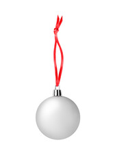 Silver glass ball hanging on red ribbon on white background isolated close up, Сhristmas tree...