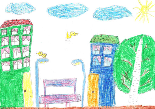 Child's drawing. House, trees and bench