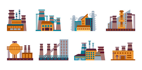 Factory icon set. Set of Industrial factories in flat style isolated on a white background.  industrial building concept. Industrial complex. Power plants with chimneys, pipes and tanks.