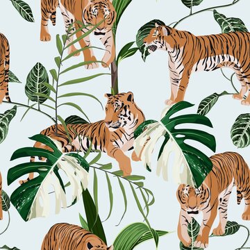 Exotic animal tiger in the jungle pattern vintage background illustration seamless pattern. Trendy composition beach wallpaper.