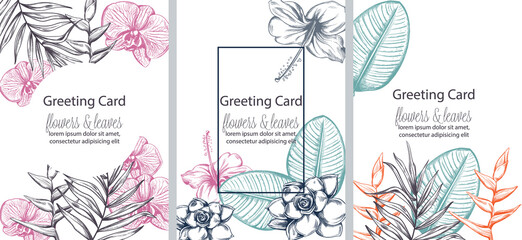 Set of greeting cards with place for text. Colorful flowers and leaves in line art