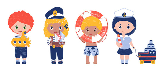 Vector set of cute happy kids play sailor game.