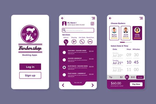 Barbershop booking application. User interface design template