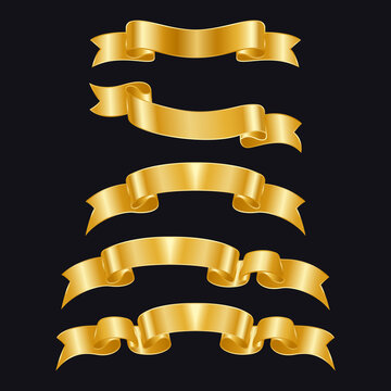 Gold ribbons of different shapes on a black background. Golden badges