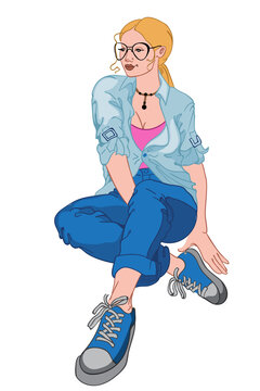Young blonde woman with serious facial expression in blue shirt, jeans, sneakers, pink t-shirt and glasses sitting on the floor