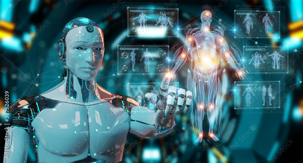 Poster Robot using digital x-ray human body holographic scan projection 3D rendering
