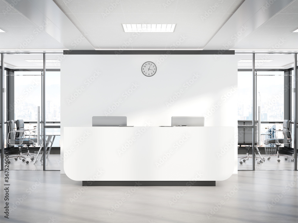 Aufkleber Blank white reception desk in concrete office with large windows Mockup 3D rendering