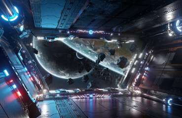 Blue and red futuristic spaceship interior with window view on planets 3d rendering © sdecoret