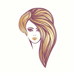Beautiful woman with long, wavy hairstyle and elegant makeup.Hair salon and beauty studio logo.Blonde young lady portrait illustration.Pretty female face.Front view.