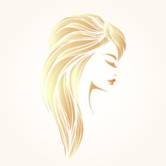 Beautiful woman with long, wavy hairstyle and elegant makeup.Hair salon and beauty studio logo.Blonde young lady portrait illustration.Pretty female face.Profile view.