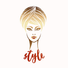Beautiful woman with retro hairstyle and elegant makeup.Hair salon and beauty studio logo.Blonde young lady portrait illustration.Pretty female face.Front view.
