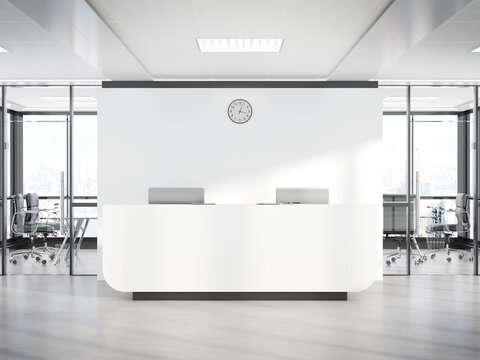 Blank White Reception Desk In Concrete Office With Large Windows Mockup 3D Rendering