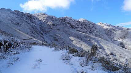 Fototapeta na wymiar Snow covered Track in Mountains in winter, Cape Overberg, South Africa