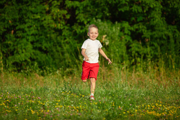 Kid, little boy running on meadow in summer's sunlight. Looks happy, cheerful with sincere bright emotions. Cute caucasian boy. Concept of childhood, happiness, movement, family and summer.