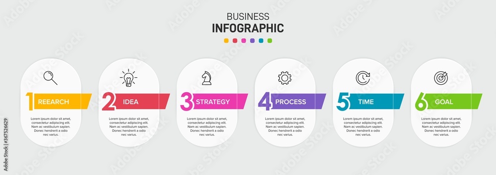 Poster concept of arrow business model with 6 successive isometric steps. six colorful graphic elements. ti