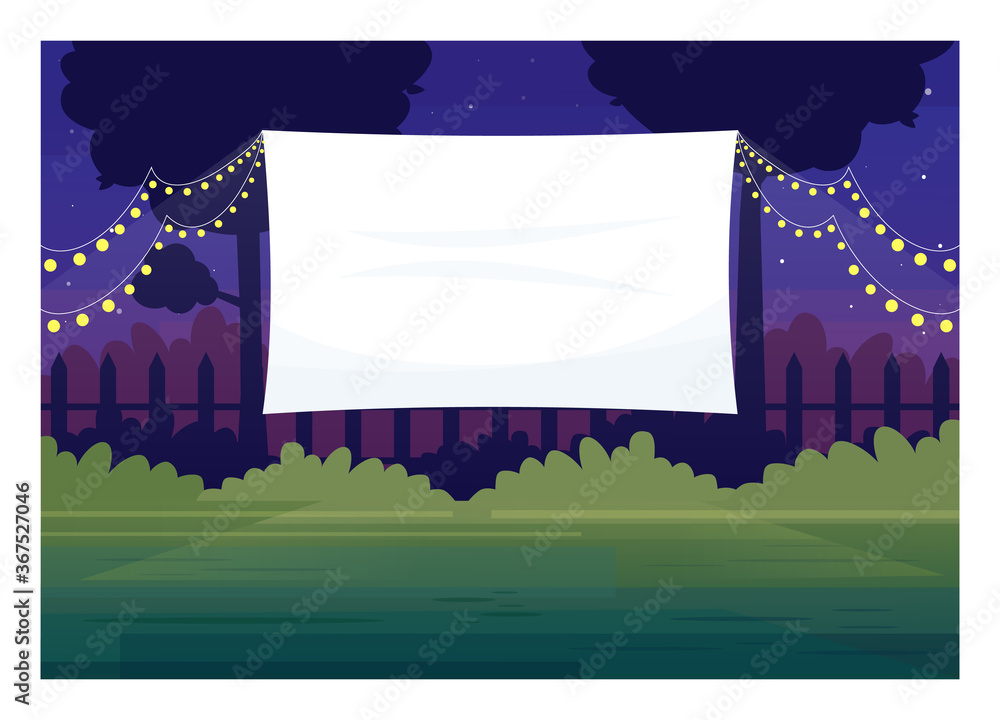 Canvas Prints festive outdoor cinema screen semi flat vector illustration. open air decorated place with lanterns.