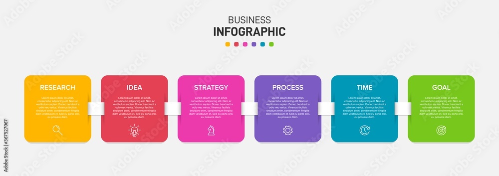 Poster concept of arrow business model with 6 successive isometric steps. six colorful graphic elements. ti