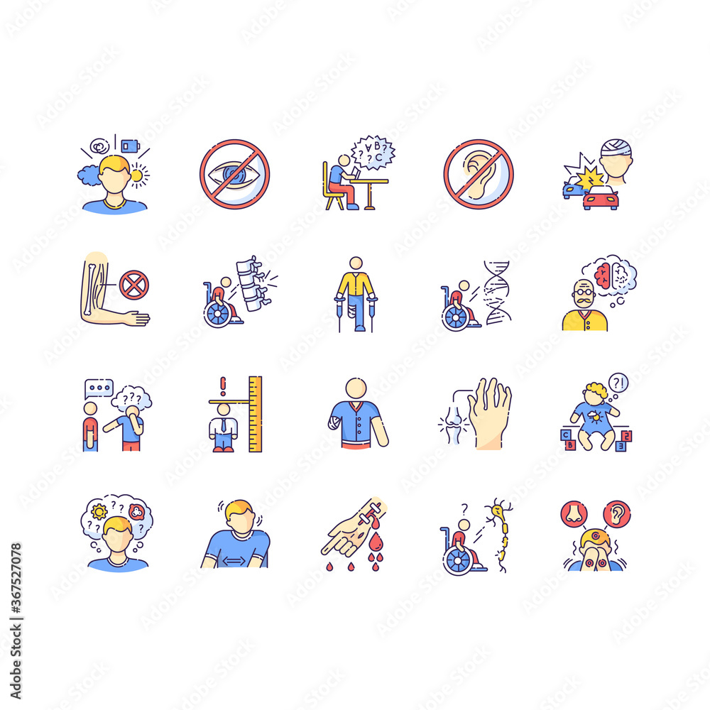 Poster disability types rgb color icons set. blindness and deafness. developmental delay form dyslexia. men