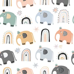 Washable wall murals Elephant Scandinavian baby seamless pattern with cute elephants and rainbows, pastel color