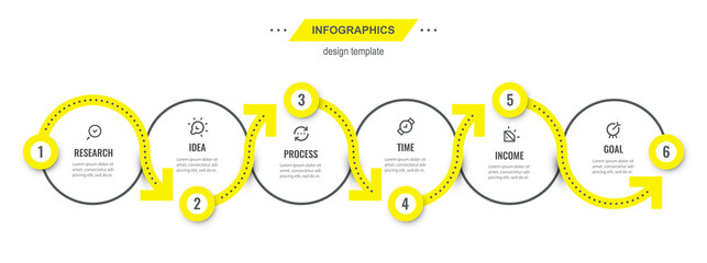 Vector Infographic design template with 6 options or steps. Can be used for process diagram, presentations, workflow layout, banner, flow chart, info graph.