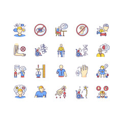 Disability types RGB color icons set. Blindness and deafness. Developmental delay form dyslexia. Mental problem. Dwarfism, sensory hypersensitivity. Leg and hand amputee. Isolated vector illustrations