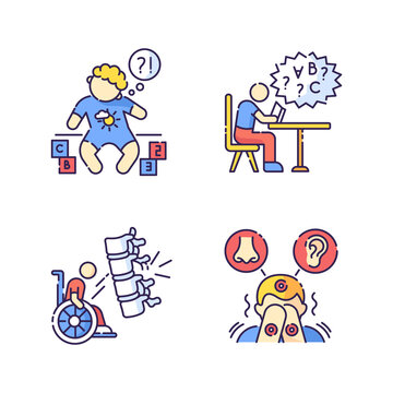 Chronic disease RGB color icons set. Developmental delay. Child with disability. Difficulty with reading from dyslexia. Damaged spine. Sensory hypersensitivity. Isolated vector illustrations