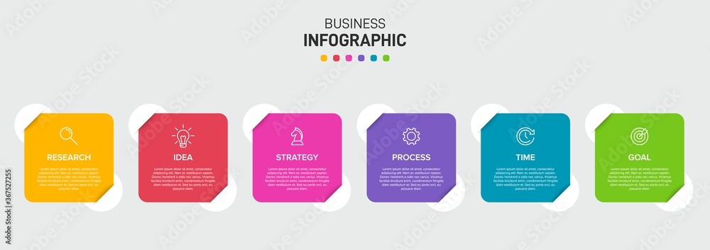 Poster concept of arrow business model with 6 successive isometric steps. six colorful graphic elements. ti