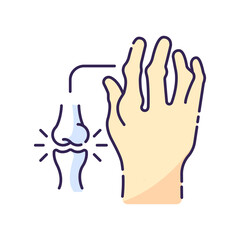 Rheumatoid arthritis RGB color icon. Pathological disease. Damaged bones in hand. Impact of chronic disorder for human arm. Injury in joint. Human disability. Isolated vector illustration