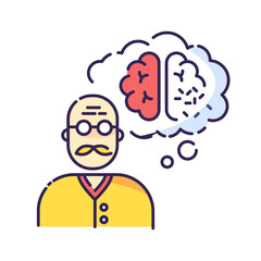 Dementia RGB color icon. Alzheimer from aging. Senior man with neurological disability. Loss of memory. Brain damage in elderly person. Patient with health care problem. Isolated vector illustration