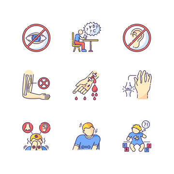 Illness Types RGB Color Icons Set. Deafness And Blindness. Student With Dyslexia. Muscular Dystrophy. Bleeding From Hemophilia. Sensory Hypersensitivity. Isolated Vector Illustrations