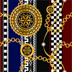 Seamless pattern decorated with precious stones, gold chains and pearls.	