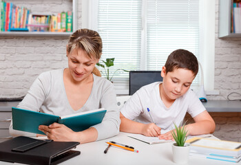 Mother helps son to do lessons. The tutor is engaged with the child
