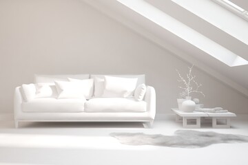 White room with sofa. Scandinavian interior design. 3D illustration