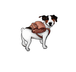 A cute dog travels with a backpack. Black and white puppy with a bag on his shoulders. illustration isolated on white background.