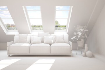 White room with sofa. Scandinavian interior design. 3D illustration