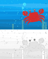 Cartoon underwater scene with sketch with swimming coral reef fish illustration