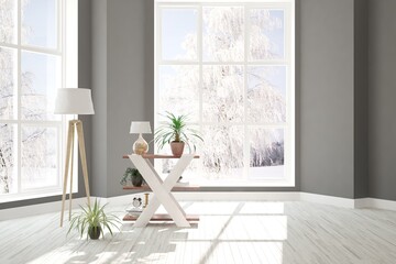 White empty room with winter landscape in window. Scandinavian interior design. 3D illustration