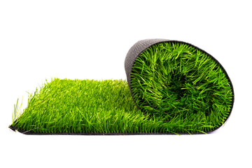 artificial turf roll of green grass isolated on white background