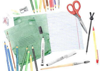 Back to School Education concept with notebook and stationery on white background. Top down composition. Hand drawn illustration. Great holiday gift card. Copy space.