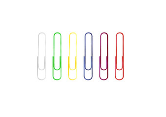 Hand drawn watercolor illustration of  office colored paper clips. Plastic paperclips top view. Isolated objects on white background. Education Back to School concept.