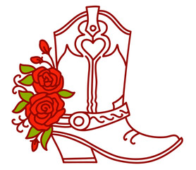 Cowboy boot and Roses decoration. Outline vector illustration isolated on white for cards or print