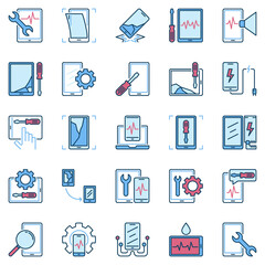 Smartphone and Tablet Repair blue creative icons collection. Vector Broken Phone signs